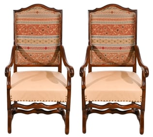 Pair French Louis XIV Carved Upholstered Armchairs