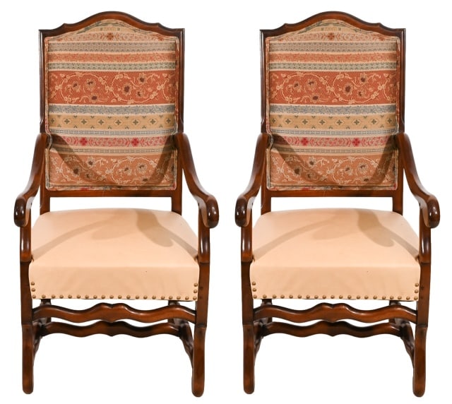 Pair French Louis XIV Carved Upholstered Armchairs (1 of 9)