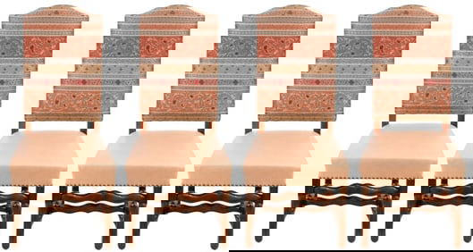 4 French Louis XIV Carved Upholstered Side Chairs