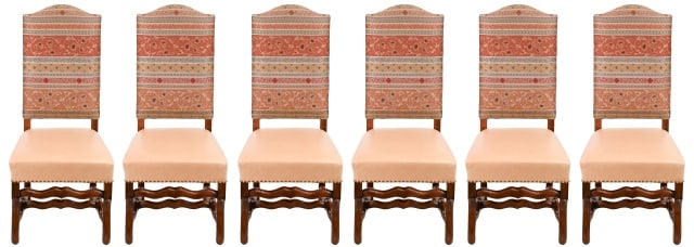 4 French Louis XIV Carved Upholstered Side Chairs: 6 French Louis XIV Style Hand Carved Custom Upholstered Side Chairs with Nail Head Trim.Measures 44 inches x 20 inches x 22 inches seat height 19 inches.