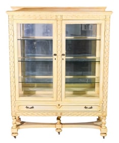 French Country Heavily Carved Painted Cabinet