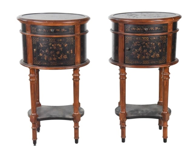 2 Italian Style Raised Faux Leather Nightstands: Pair Italian Style Faux Leather with Floral Pattern Oval Nightstands.Measures 32 inches x 18 inches x 15 inches