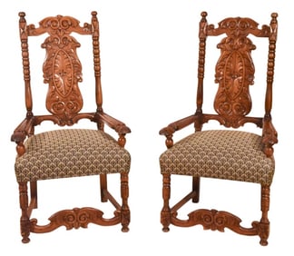 Pair Jacobean Style Carved Upholstered Armchairs