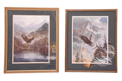 Pair Tom Dooley Signed Prints w Hand Painted Mats