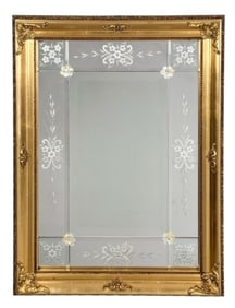 Large Ornate Etched Glass Gold Framed Mirror