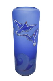 Mid Century Frosted Blue with Seagull Art Vase