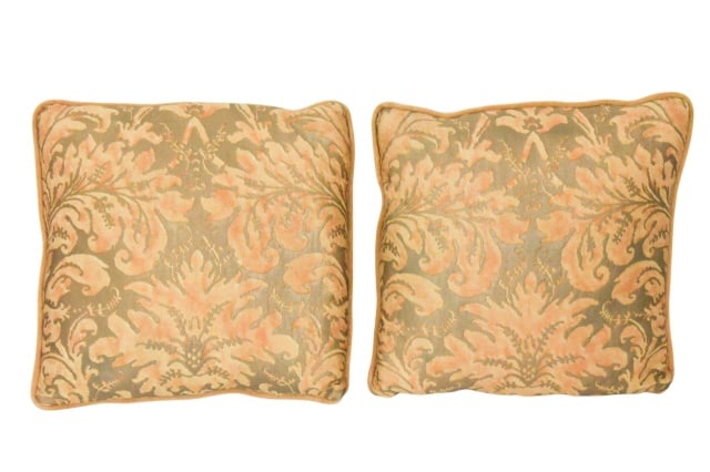 2 Italian Mariano Fortuny Farnese Down Pillows: Pair Italian Designer Mariano Fortuny Farnese Down Pillows in Tangerine.Measures Approximately 15 inches x 15 inches