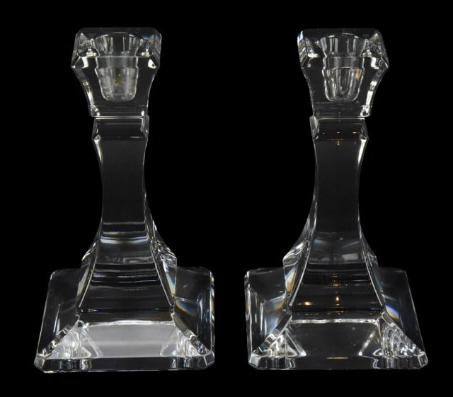 Pair Tiffany Crystal Candlesticks: Pair Tiffany Crystal Candlesticks. Each measures 7 inches x 4 inches.