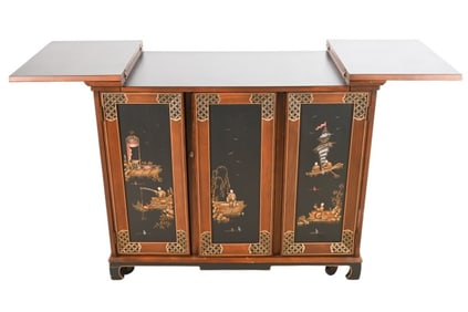 Oriental Style Carved Hand Painted Bar Cabinet