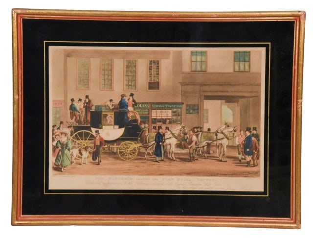 Antique Acquatint Havell & Havell The Blenheim: Antique Acquatint Havell & Havell The Blenheim, Leaving the Star Hotel. In eglomise frame. Frame has nicks to wood. Sold as is.