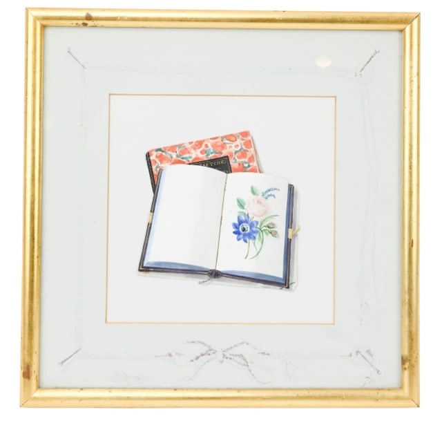 Antique Hand Painted Decoupage Collage of Books: Antique Hand Painted Decoupage Collage of Books. Some fading to hand painted mat. Framed measures 11 inches x 11 inches.