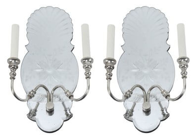 2 Georgian Style Wheel Cut Mirrored Back Sconces
