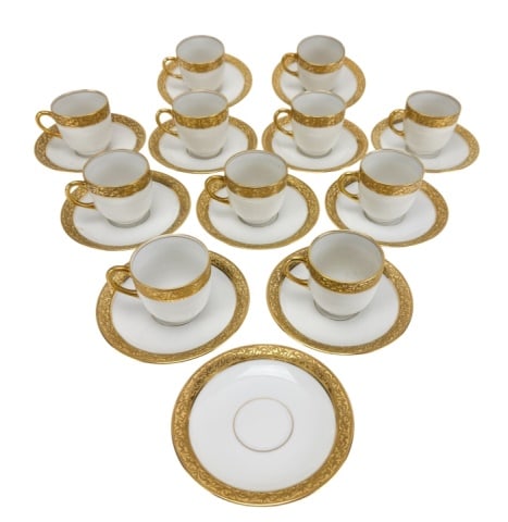Old Abbey Limoges Demitasse Cup and Saucers: Vintage Old Abbey Limoges Demitasse Cup and Saucer with A White and Gold Embossed Trim. Includes 12 saucers and 11 demitasses.Saucers measures 4.5 inches diameter.
