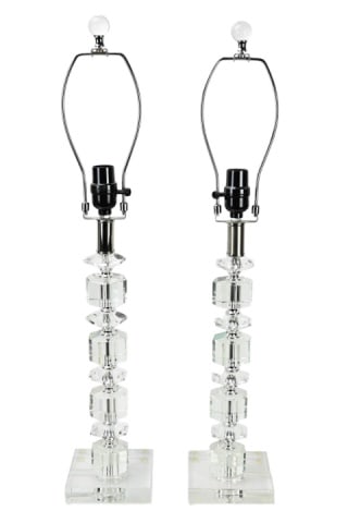 2 Stacked Crystal Column Form Table Lamps & Shades: Pair Stacked Crystal Column Form Table Lamps & Shades. Each measures 28 inches including harp and finial, shades are 11 inches x 14 inches x 10 inches.