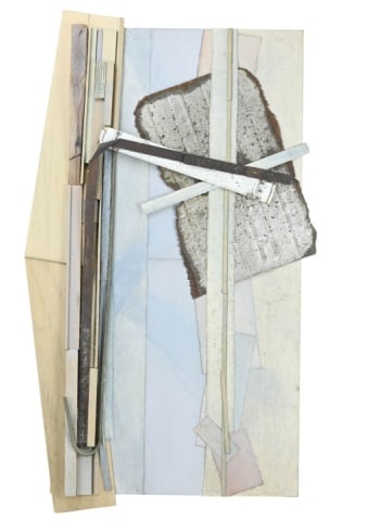 Mixed Media Abstract Collage of Building Materials: Mixed Media Abstract Collage of Building Materials, Unsigned. Measures 3 inches x 31 inches x 16 inches.