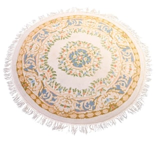 Hand Knotted Wool and Silk Ivory Circular Rug