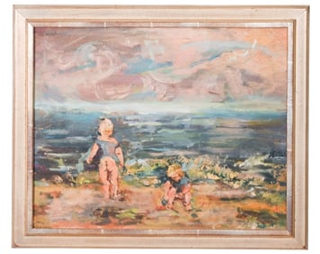 Oil Painting of Toddlers at the Beach Framed