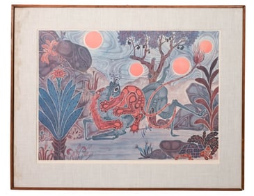 Vincent Breton Signed Ink and Watercolor Island