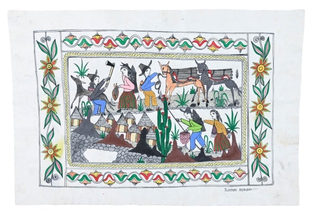 Telesforo Rodriguez Signed Papel Amate Painting: Telesforo Rodriguez, Mexico 20th Century, Signed Papel Amate Painting of Villagers Farming, Unframed. Measures 16 inches x 24 inches.