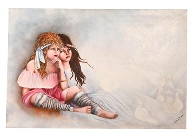 Margaret Kane Signed Oil Painting 2 Girls & Doves