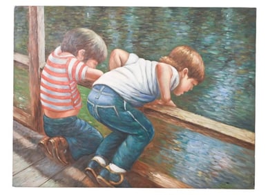 Signed Mural Size Oil Painting of 2 Young Boys