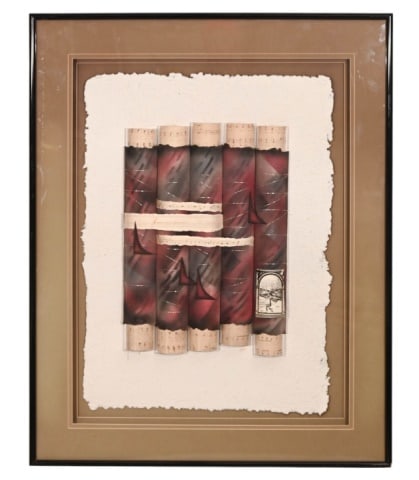 Lear Handmade Paper Mixed Media Collage: Lear Handmade Paper Mixed Media Collage in Shadow Box with Musical Theme. Measures 40 inches x 33 inches.