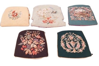 5 Antique Hand Made Needlepoint Seat Cushions