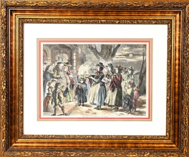 Antique John Gilbert Engraving The Wassail Bowl: Antique John Gilbert Hand Colored and Framed Engraving Titled The Wassail Bowl. Measures 20 inches x 24 inches