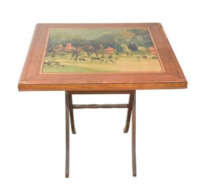 Vintage Wooden Tilt Top Table w Hunt Scene on Top