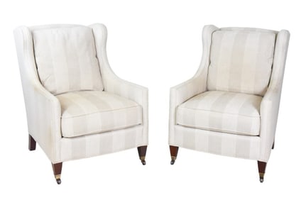 Pair Custom Upholstered Wing Back Armchairs