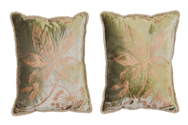 Pair Custom Made Down Filled Velor Throw Pillows: Pair Custom Made Down Filled Velor Throw Pillows with Stamped Design Each measures 13 inches x 18 inches square.