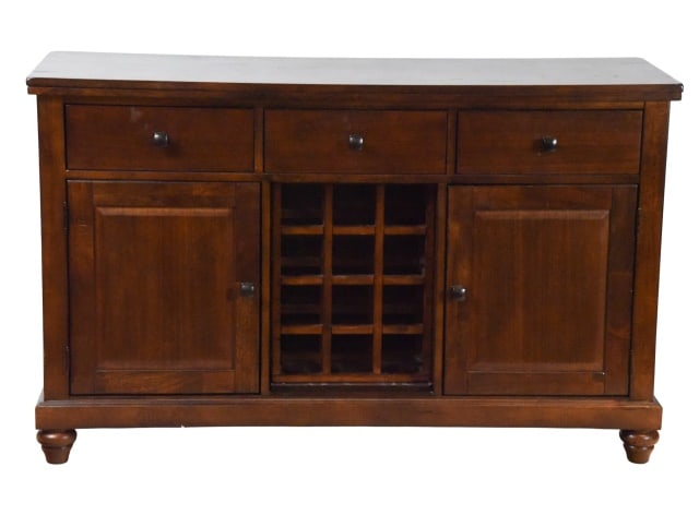 French Country Buffet Cabinet Built-in Wine Rack: French Country Console Buffet Cabinet w/ Built-in Wine Rack. Measures 36 inches x 58 inches x 19 inches