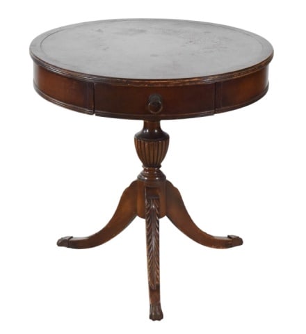 Regency Style Carved Round Leather Top Drum Table: Regency Style Hand Carved Mahogany Round Leather Top Drum Table.Measures 28 inches x 28 inches x 28 inches.