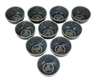 9 Porcelain Asian Blue & White Koimari Bowls