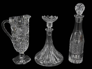 3 American Brilliant Cut Glass Carafes & Pitcher