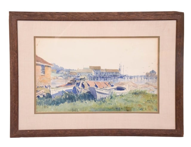 Ralph Briggs Fuller Signed Water Color Painting: Ralph Briggs Fuller, American 1890-1963, Signed Water Color Painting of Ship Yard in Period Frame. Framed measures 18 inches x 25 inches, art measures 11 inches x 18 inches.