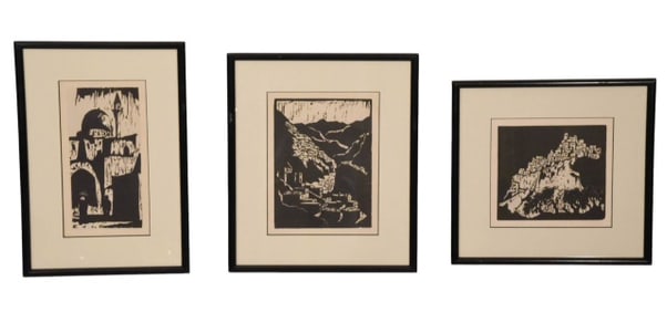 Jacob Pins 3 Framed Wood Cuts Israeli Villages