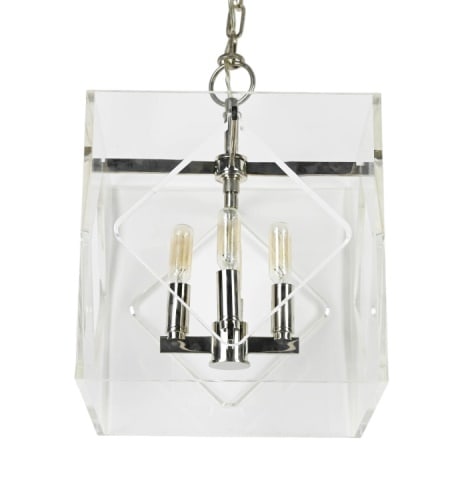 Lucite & Chrome Pendant Light with Open Sides: Lucite & Chrome Pendant Light or Chandelier with Open Sides. Measures 17 inches x 12 inches without chain length.