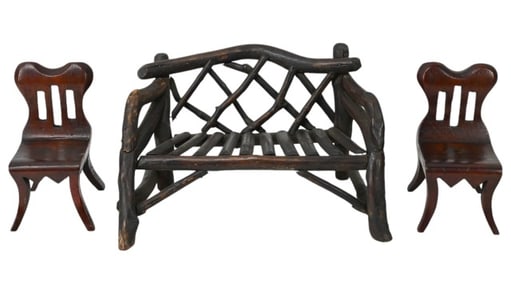 Hand Made Twig Bench & 2 Side Chairs