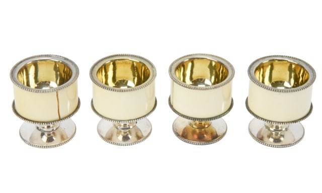 Antique Holt & Howard Plate Carved Bone Salts: Antique Holt & Howard Plate Carved Bone Salts on Stemmed Bases in Original Embossed Leather Fitted Box. The Bone on each has separated at original seam. Each measures 2 inches x 2 inches.