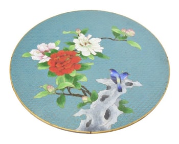 Chinese Cloissonne Wall Plaque Featuring Peonies