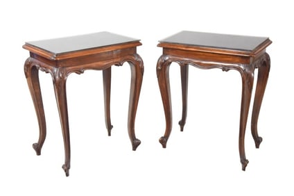 Pair Louis XV Style Carved Side Table w Glass Top