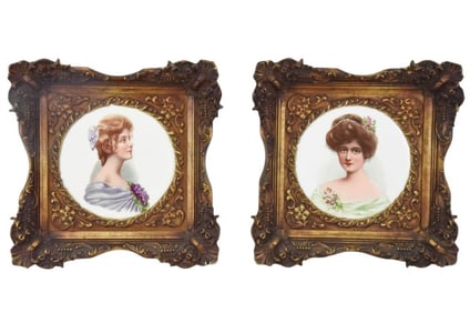 Pair Porcelain Hand Painted Portrait Plates
