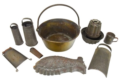 Antique Brass Jelly Pot & Assorted Cooking Items