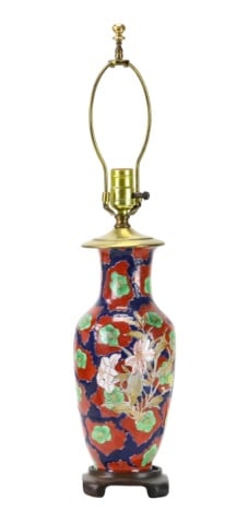 Japanese Hand Painted Imari Vase Form Lamp: Japanese Hand Painted Imari Vase Form Lamp with Carved Base. Measures 26 inches x 6 inches x 6 inches.