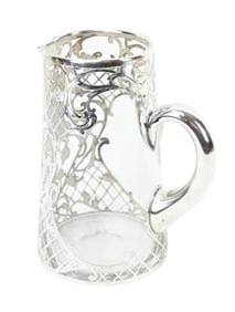 Antique 19th C Glass Pitcher w Sterling Overlay