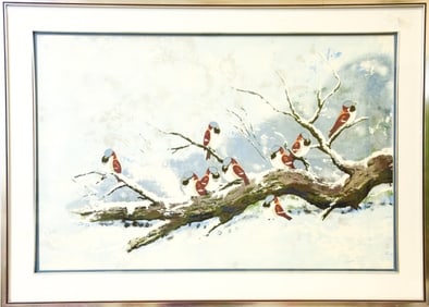Max Karp Serigraph of Birds on Winter Branch