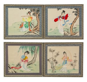 4 Signed Japanese Watercolor Geisha Paintings