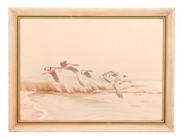 Signed Watercolor of Geese in Formation Over Inlet