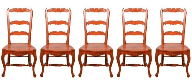 5 Carved Pine Ladder Back Dining Room Chairs